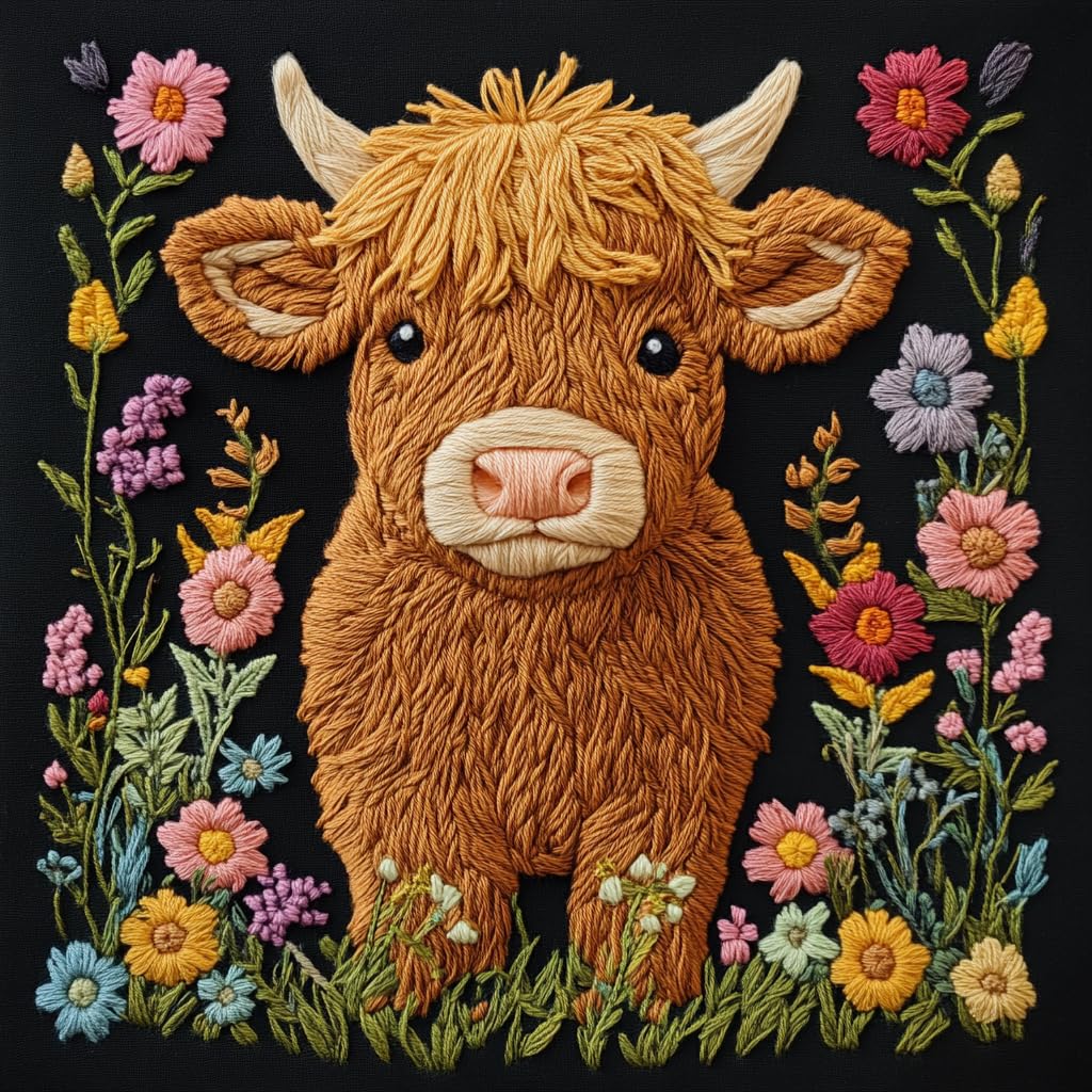 DIY Punch Needle Kits Highland Cow in Flowers Easy for Beginners Punch Needle Embroidery Set for Craft Lovers with Printed Pattern and Hoop for Home Decor 20x20cm-18
