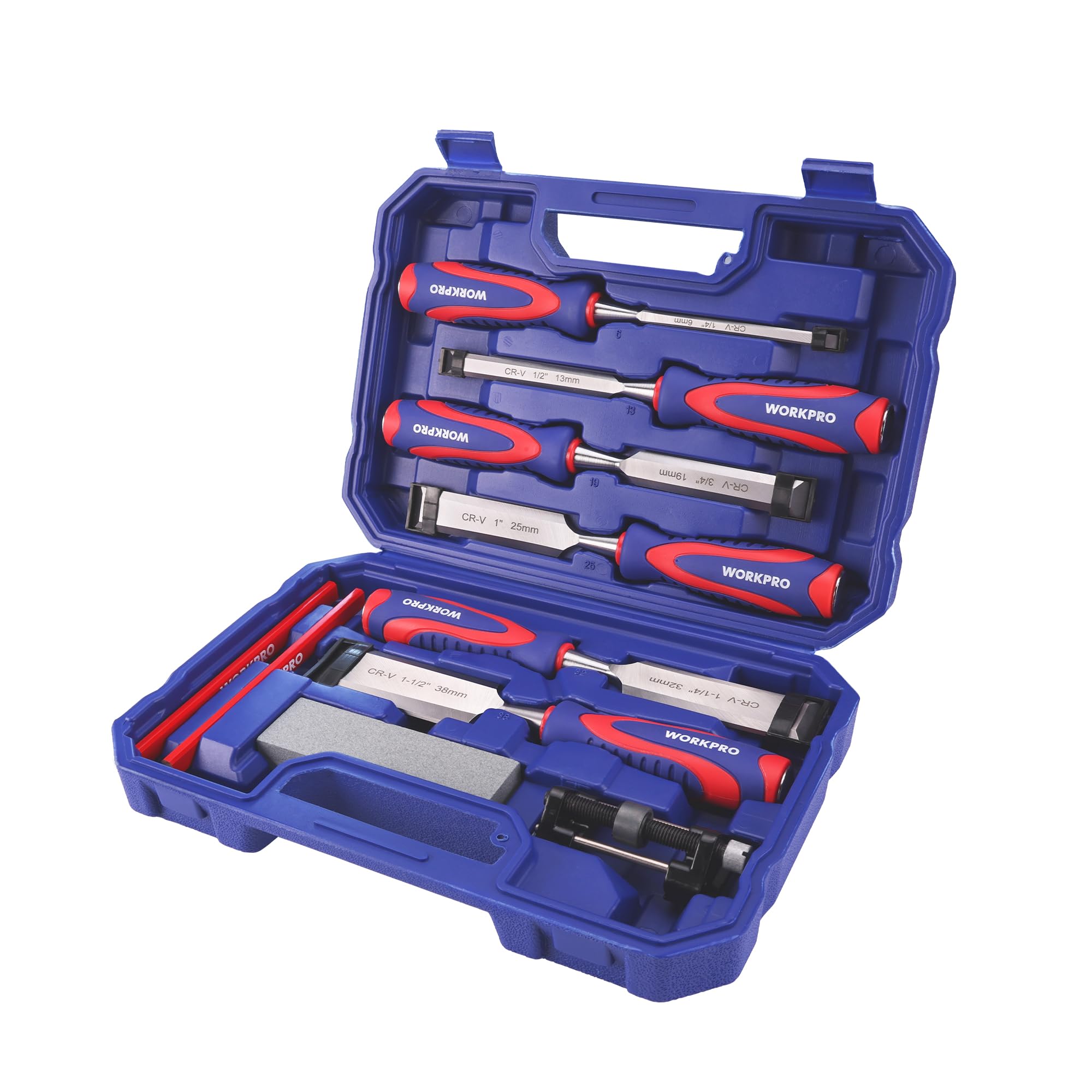 Workpro Wood Chisel Set10 Pieces With 6 To 38 mm ChiselsSharpening StoneHoning Guide And Storage CaseCr-V Bevel Edge from B&Q