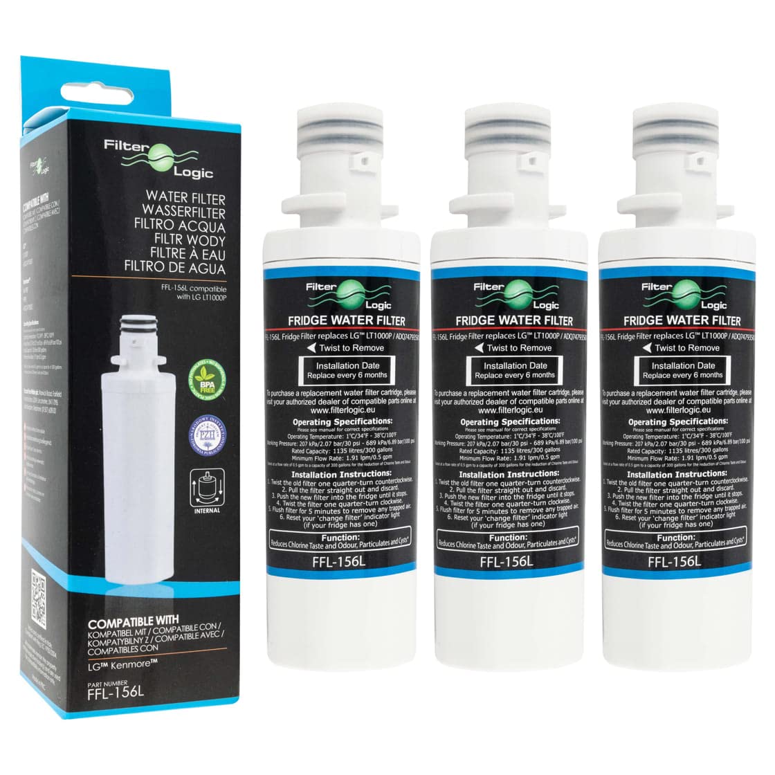 FilterLogic FFL-156L | 3x Filtre à eau pour LG frigo ADQ747935, LT1000P