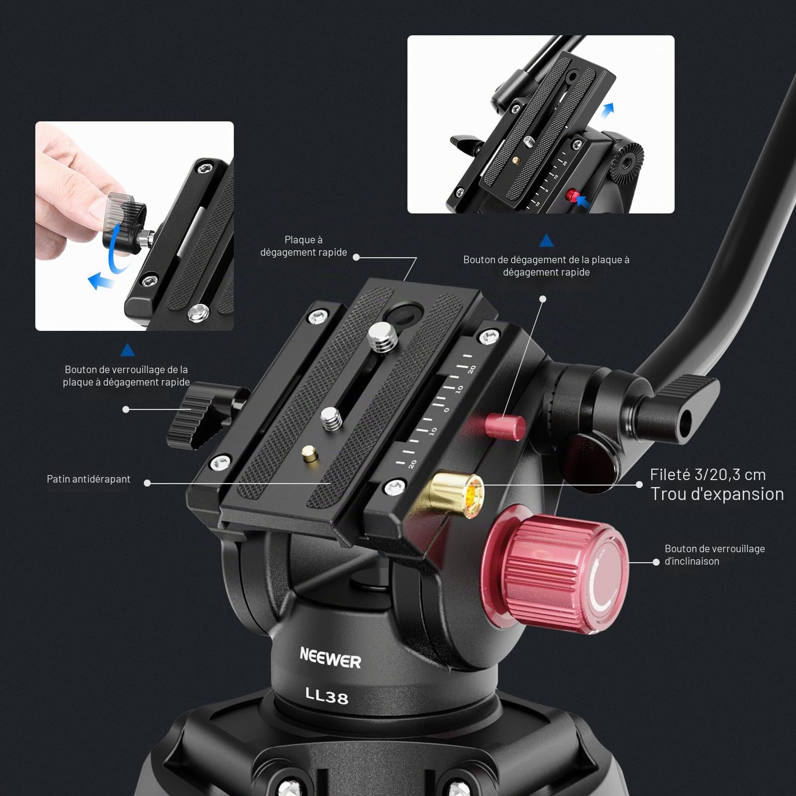 NEEWER Trépied pour appareil photo vidéo 2 m avec tête fluide, trépied haute performance en aluminium avec fermeture rapide et plaque QR compatible avec caméscope Canon Nikon Sony DSLR Charge maximale
