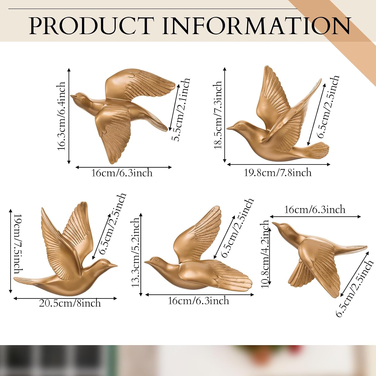 Kathfly 5 Pcs Bird Wall Decor, Resin Gold Bird 3D Wall Art, Flying Swallow Designs with Antique Patina Metal Look Resin Sculpture, Includes Mounting Hardware for Living Room & Bedroom