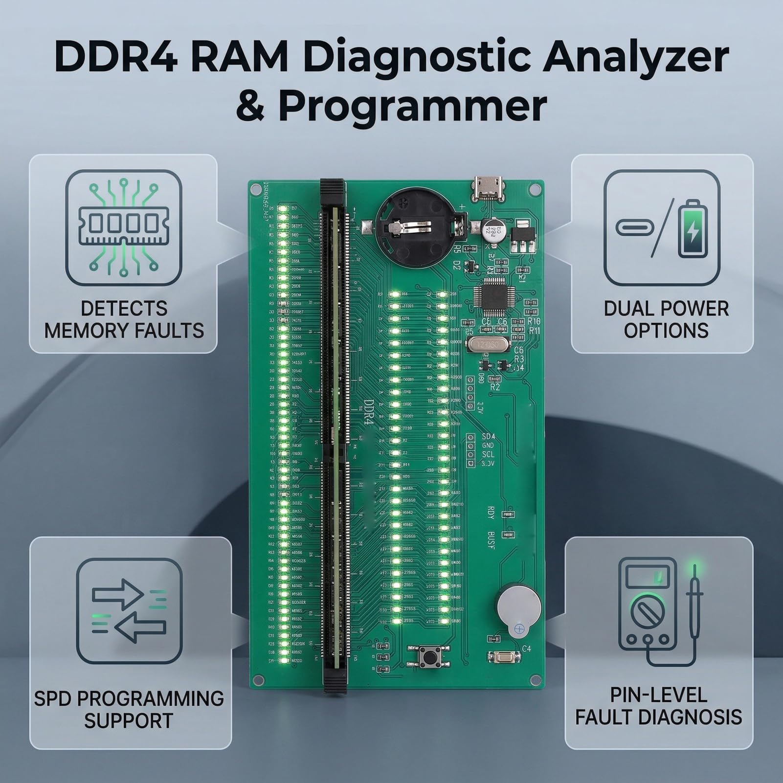 Generic Wielofunkcyjna Karta Testera Pamięci RAM do Komputerów Stacjonarnych DDR4, Lampka Kontrolna LED do Wykrywania Usterek, Opcje Podwójnego Zasilania