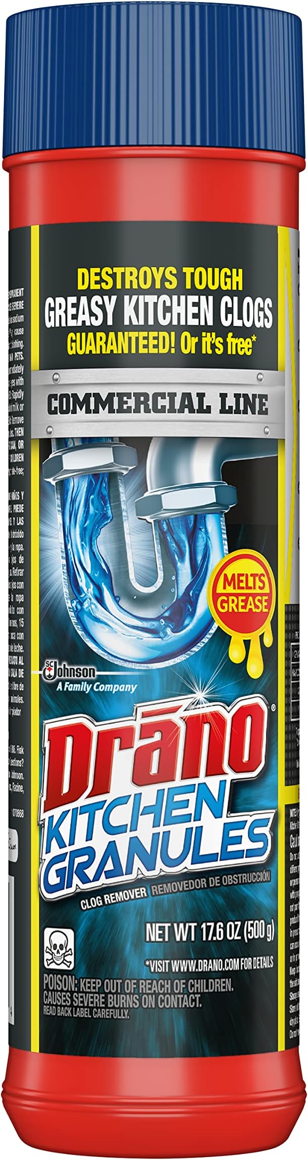 Kitchen Granules Drain Clog Remover and Cleaner, Unclogs Blockage from Grease or Cooking Oil, Commercial Line, 17.6 Oz