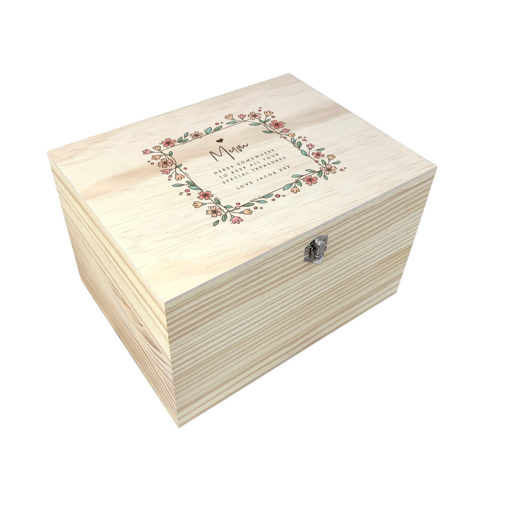 The Lovely Keepsake Company Personalised Any Message Flower Border Pine Memory Box - Custom Message | Anniversary, Wedding, Valentine's, Mother's Day, For her | W16cm x D11cm x H9cm