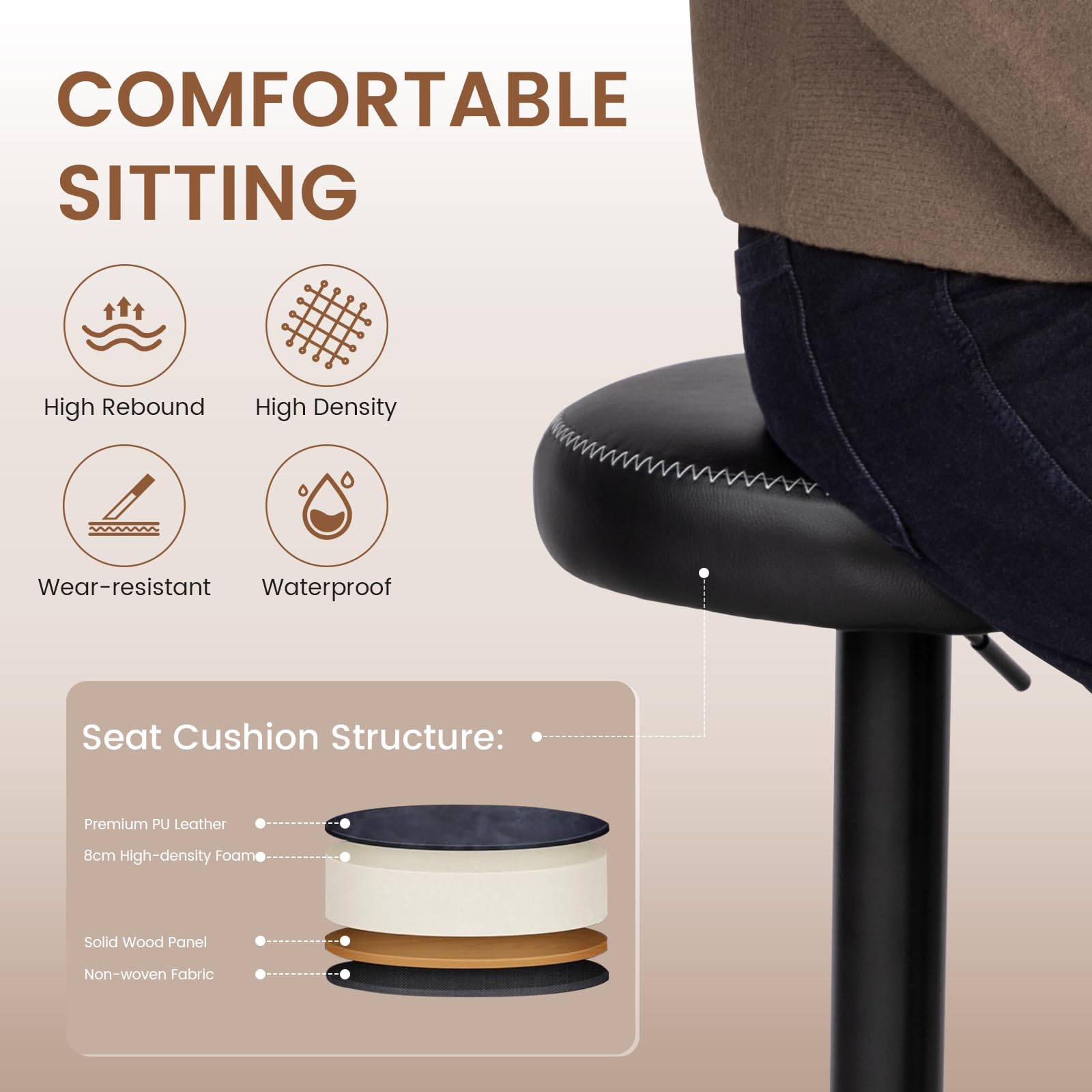 buybyroom Sgabello Cucina, Set di 2 Sgabelli da Bar Regolabili in Altezza con Poggiapiedi, Girevoli a 360°, Senza Schienale, Cuscino 8 cm, per Isola Cucina, Home Bar e Sala da Pranzo, PU, Nero