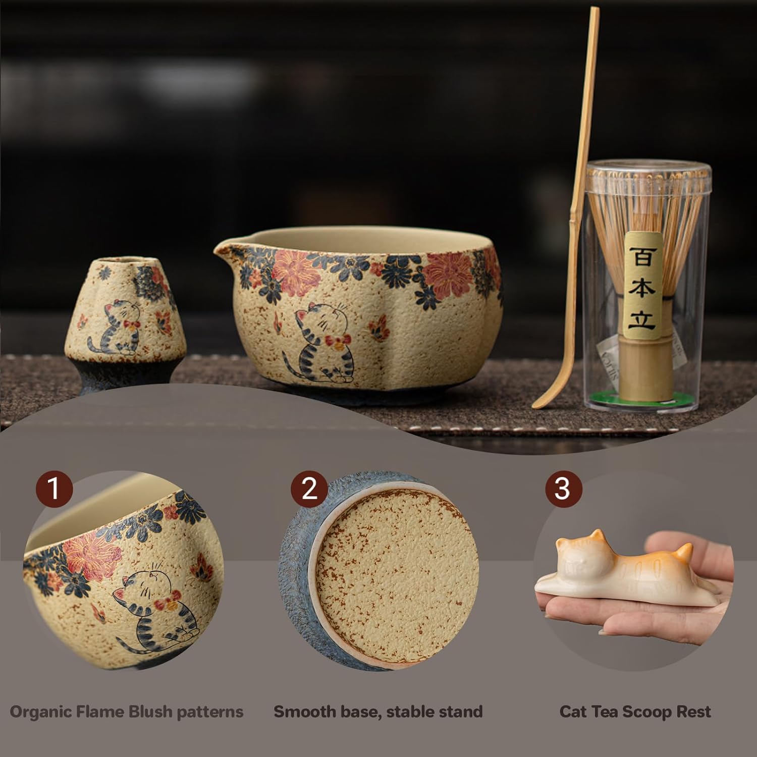 Matcha Set, 8-Piece Antique Pottery Ceremony Kit with Flame Blush Glaze, Gold Tracing, Bamboo Whisk & Chawan for Japanese Tea (Colour 1)
