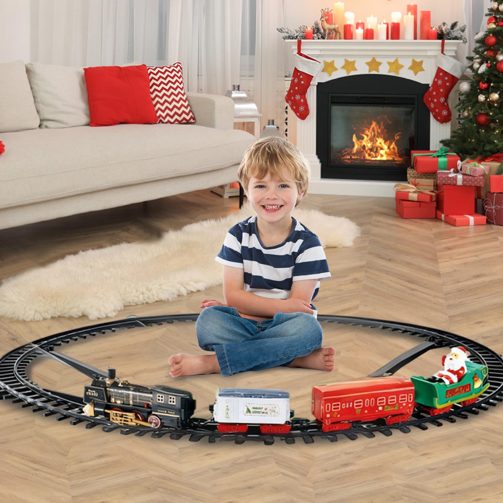 Jorzer Juego de Tren de Navidad Luz y Sonido Árbol de Navidad Festivo Tren Diversión eléctrica Sin árbol Juego de Juguete.