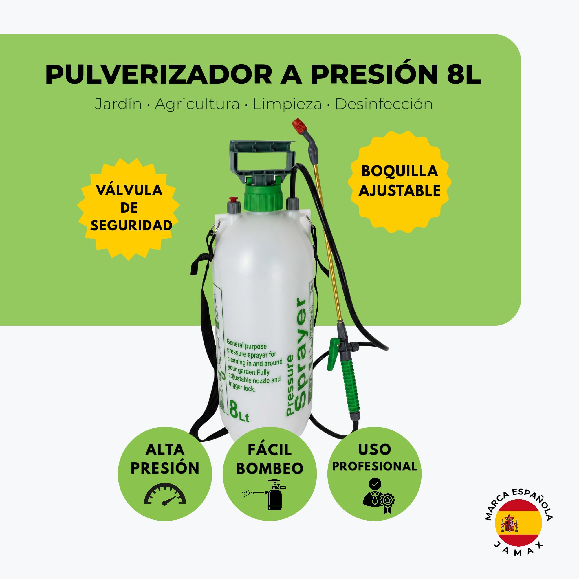 Pulverizador a presion de Agua 8L para Plantas JAMAX – Botella Pulverizadora Presión Manual, Ideal para Jabón Potásico, Herbicida y Cuidado de Jardín | Sulfatadora Manual (8 litros)