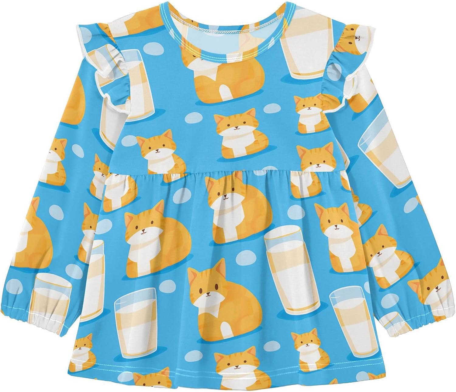 visesunny Toddler Clothes for Girls Milk Cat Blue Long Sleeve Fall Shirts Cotton Top with Ruffle Collar