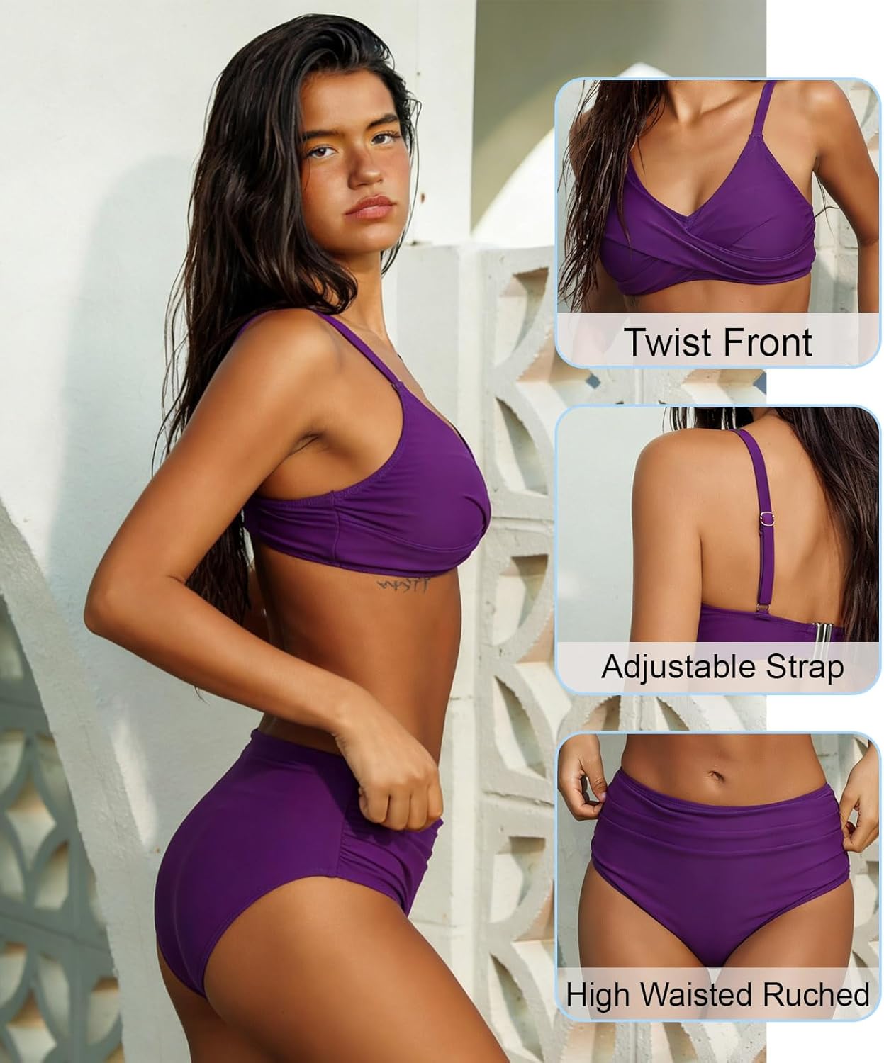 Halcurt Women's Bikini Sets Twist Front Swim Top with Ruched Tummy Control Bottom Two Piece Swimsuit