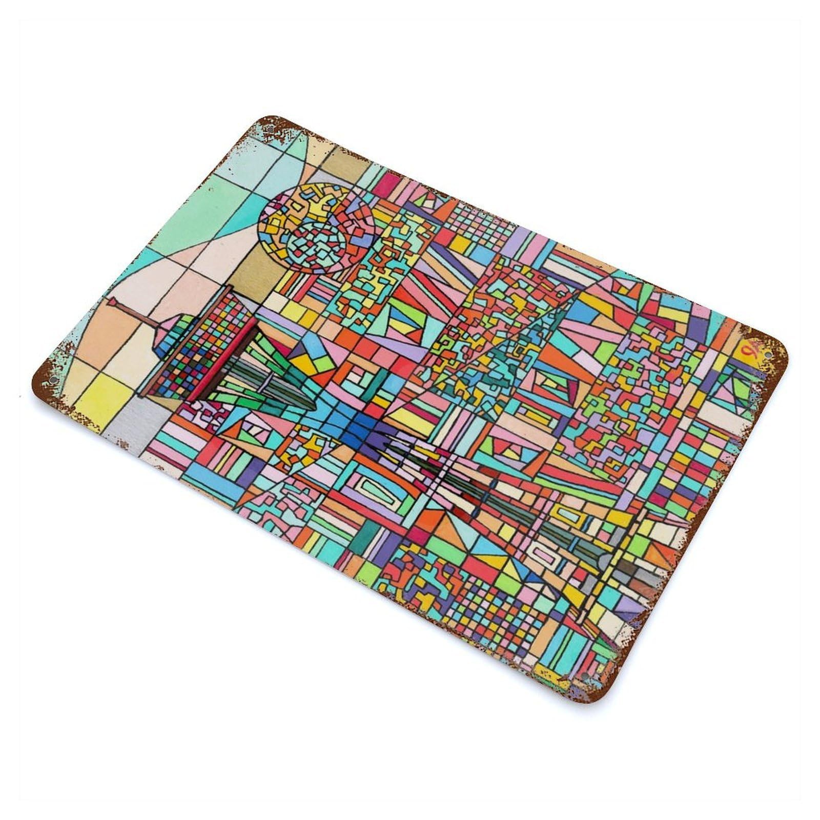 Seattle Space Needle Mosaic Weathered Tin Sign 11.8"x7.9", Retro Wall Decor for Pub, Kitchen And Man Cave Decor