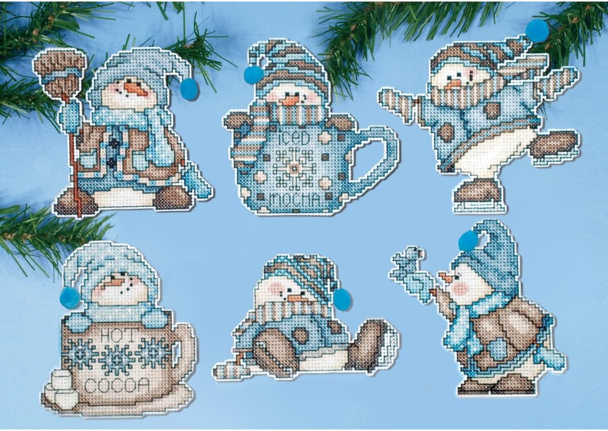 Cocoa Snowmen Counted Cross Stitch Ornament Kit - Makes Set of 6