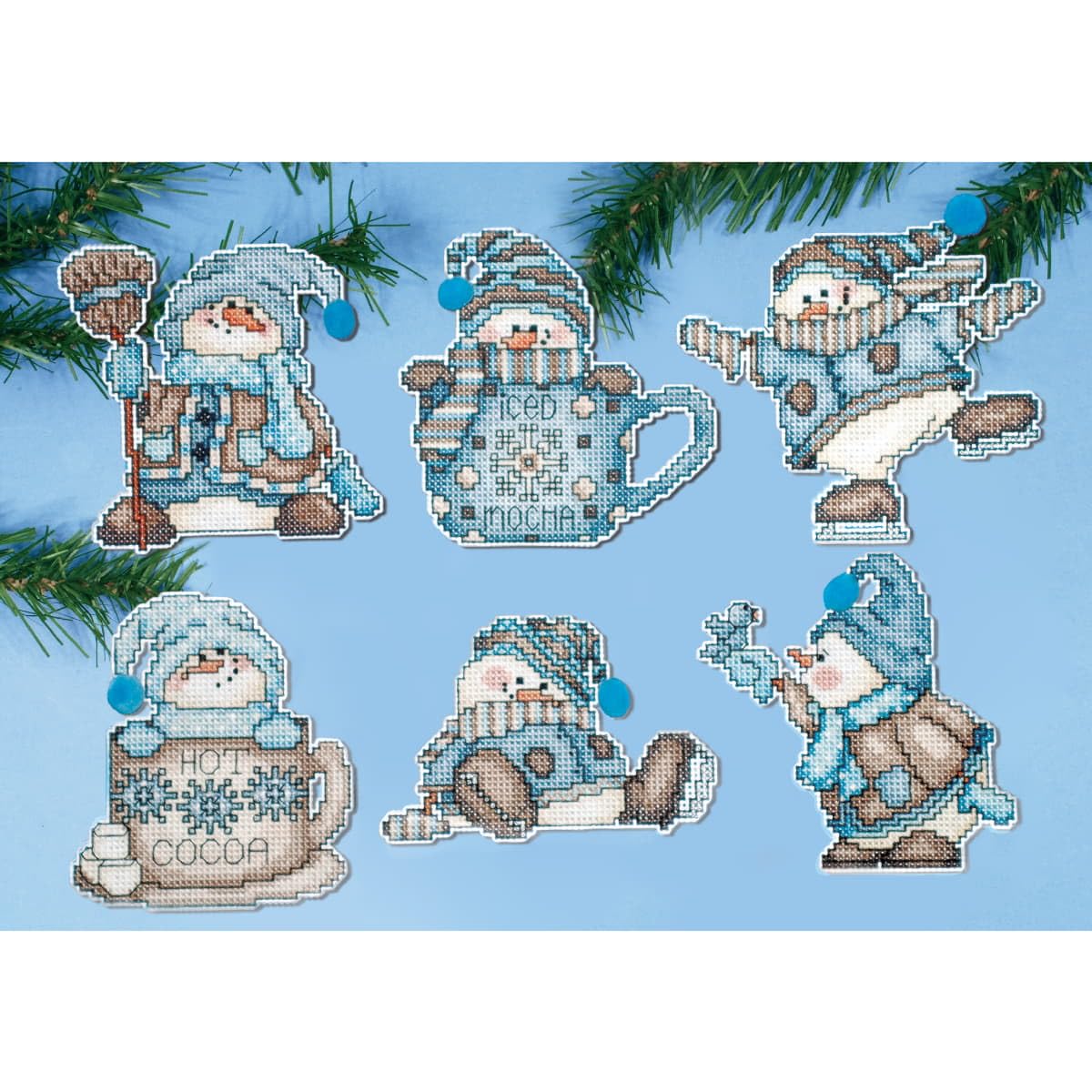 Cocoa Snowmen Counted Cross Stitch Ornament Kit - Makes Set of 6