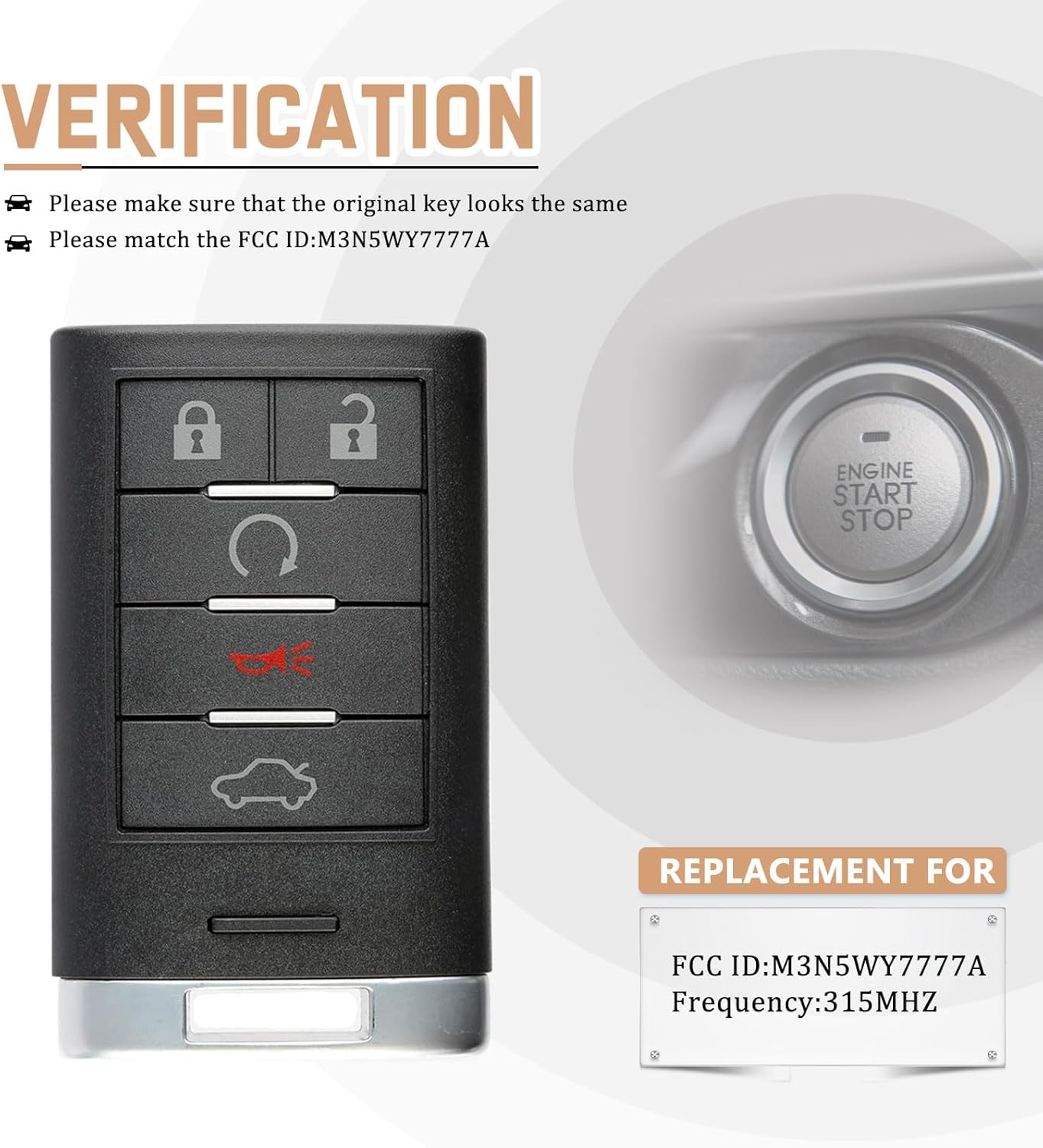 Smart Car Key Fob Replacement for Cadillac STS 2008-2010, CTS 2009-2014, CTS Coupe 2014 Keyless Entry Remote 315MHZ M3N5WY777A (Pair)