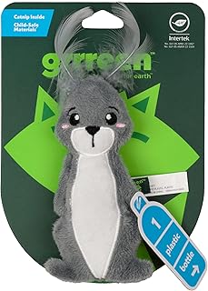 GRRREEN Stuffed Animal Cat Toy, Feather Arctic Hare Chew Toy for Indoor Cats - Playology Teeth Cleaning Bite Resistant Interactive Plush Toy - Fits in Pet Toy Basket, Made of Recycled Plastic Bottles