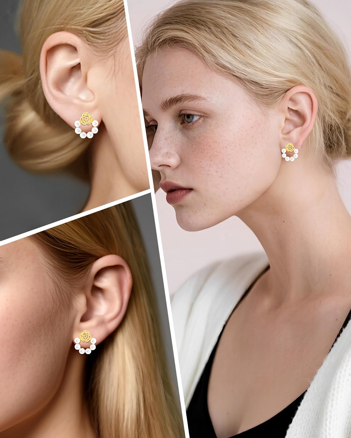 Dainty Gold Pearl Stud Earrings - 14K Gold Plated, Hypoallergenic Flower Earrings for Women - Lightweight Rose Design, Small Jewelry Gift for Anniversary, Sensitive Ears & Office - Image 5