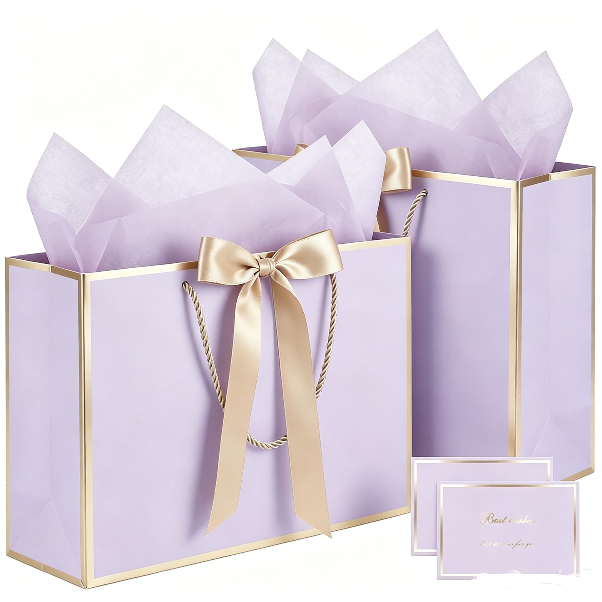 2PCS Gift Bags Set, 12.6×10×4 Inches Large Gift Wrap Bags with Handles 4 Tissue Paper 2 Ribbon 2 Greeting Cards, Cute Present Bag for Wedding Birthday Engagement Party Favor (Light Purple and Gold)