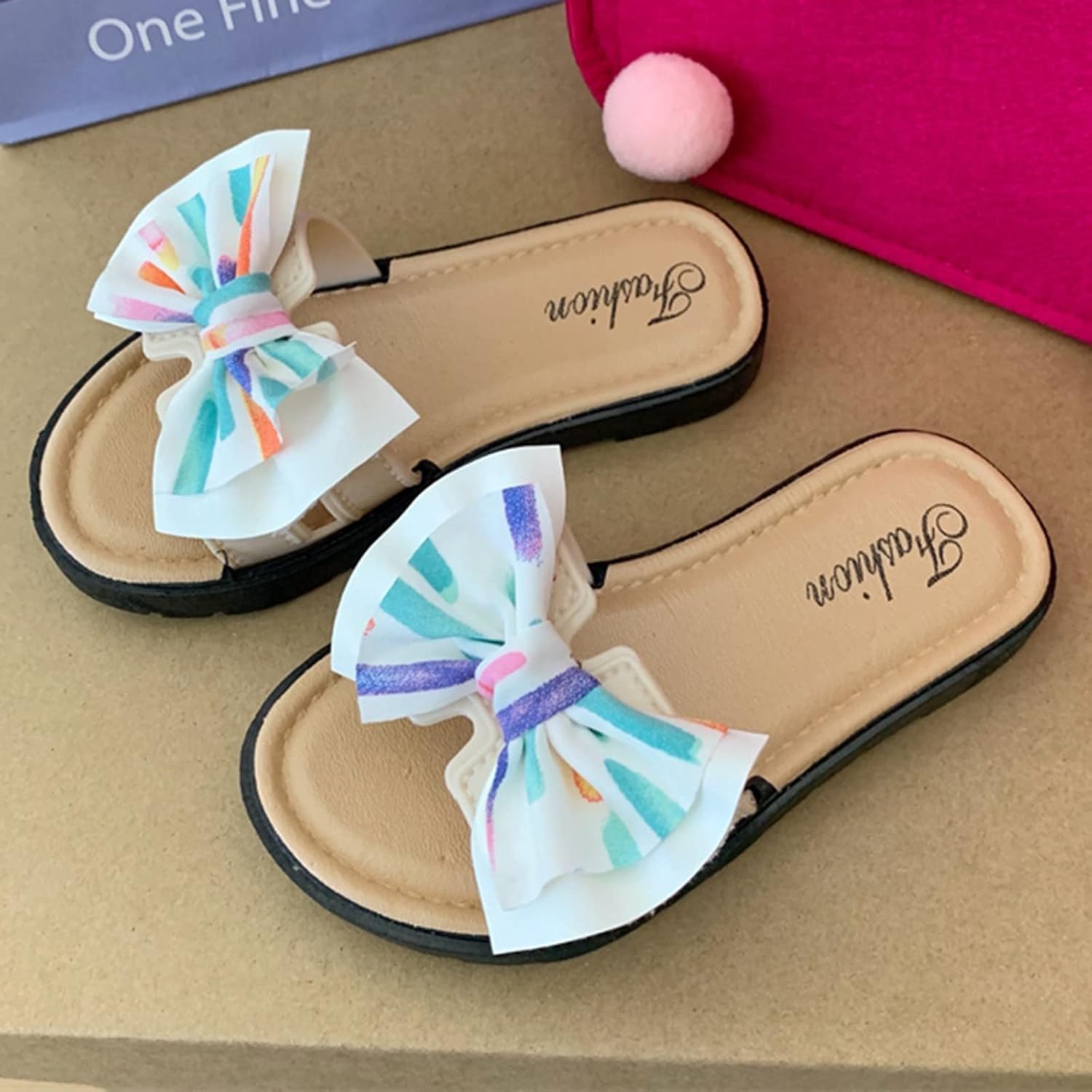 Little Kids Girls Cute Bow Slip On Sandals Shoes Fashion Comfortable Round Open Toe Soft Bottom Summer Beach Slippers