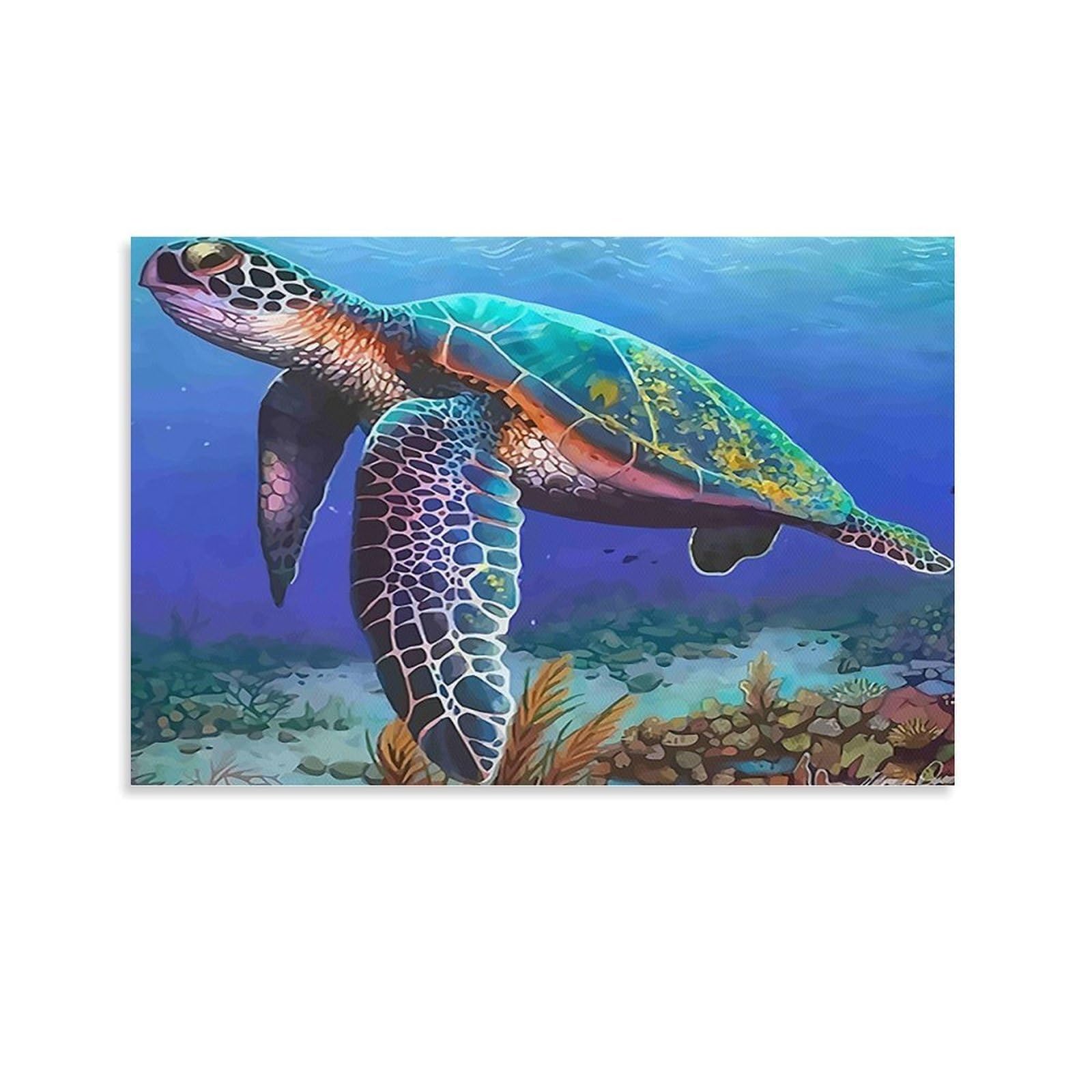 CPLVKWRQJ Sea Turtle Swimming Single Piece Vibrant Sea Turtle Swimming over Coral Reef Framed Wall Art - Living Room Gallery Wall Focal Point Ready to Hang Decor 12x18inch(30x45cm)