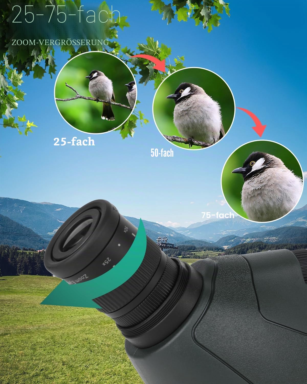 Spektiv, Ultra HD 25–75 x 60 Teleskop, Dual-Fokussierung, ED, wasserdichtes Zielfernrohr, FMC-Objektiv, BAK4-Prisma mit Tragetasche, Stativ für Zielschießen, Jagd, Vogelbeobachtung, Wildtierlandschaft