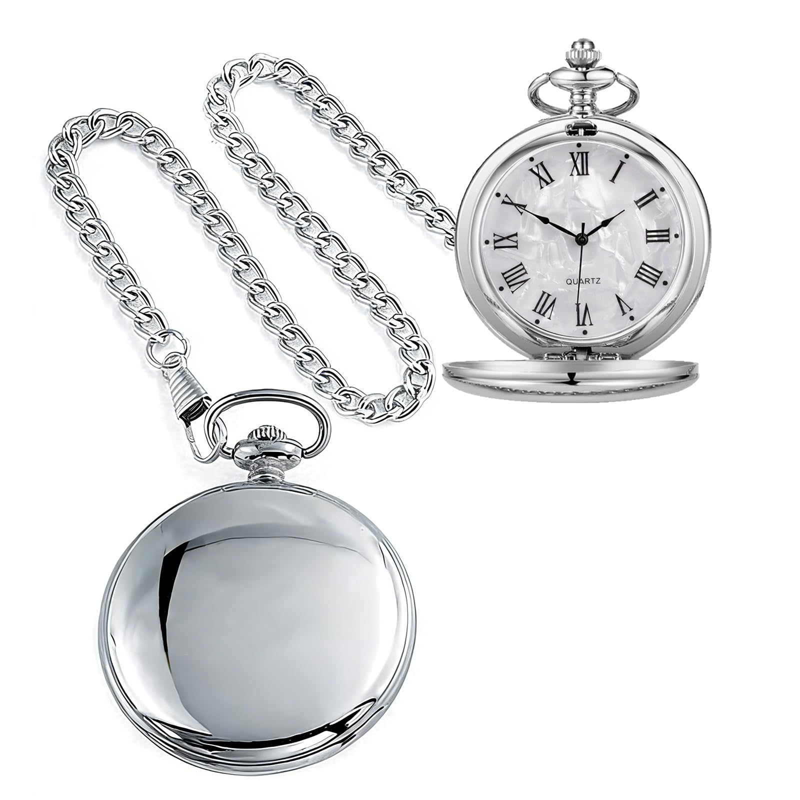 Quartz Pocket Watches Smooth Round Roman Numeral White Dial with Chain Best Gifts…