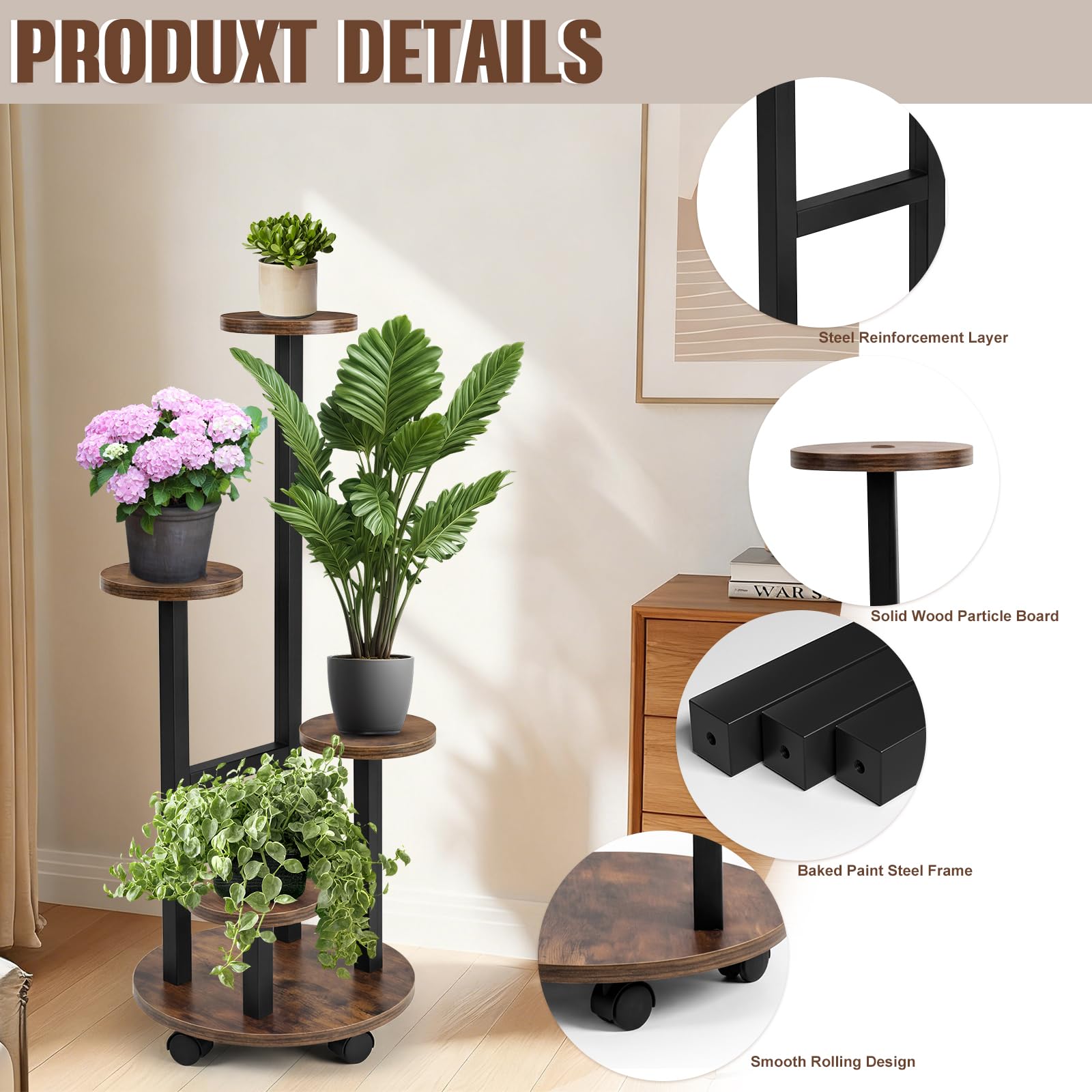 Porte-Plantes Rond sur Roulettes, 5 Étagères, 85 cm de Hauteur, Support en Métal et Bois, Stabilité et Gain de Place pour Salon, Balcon