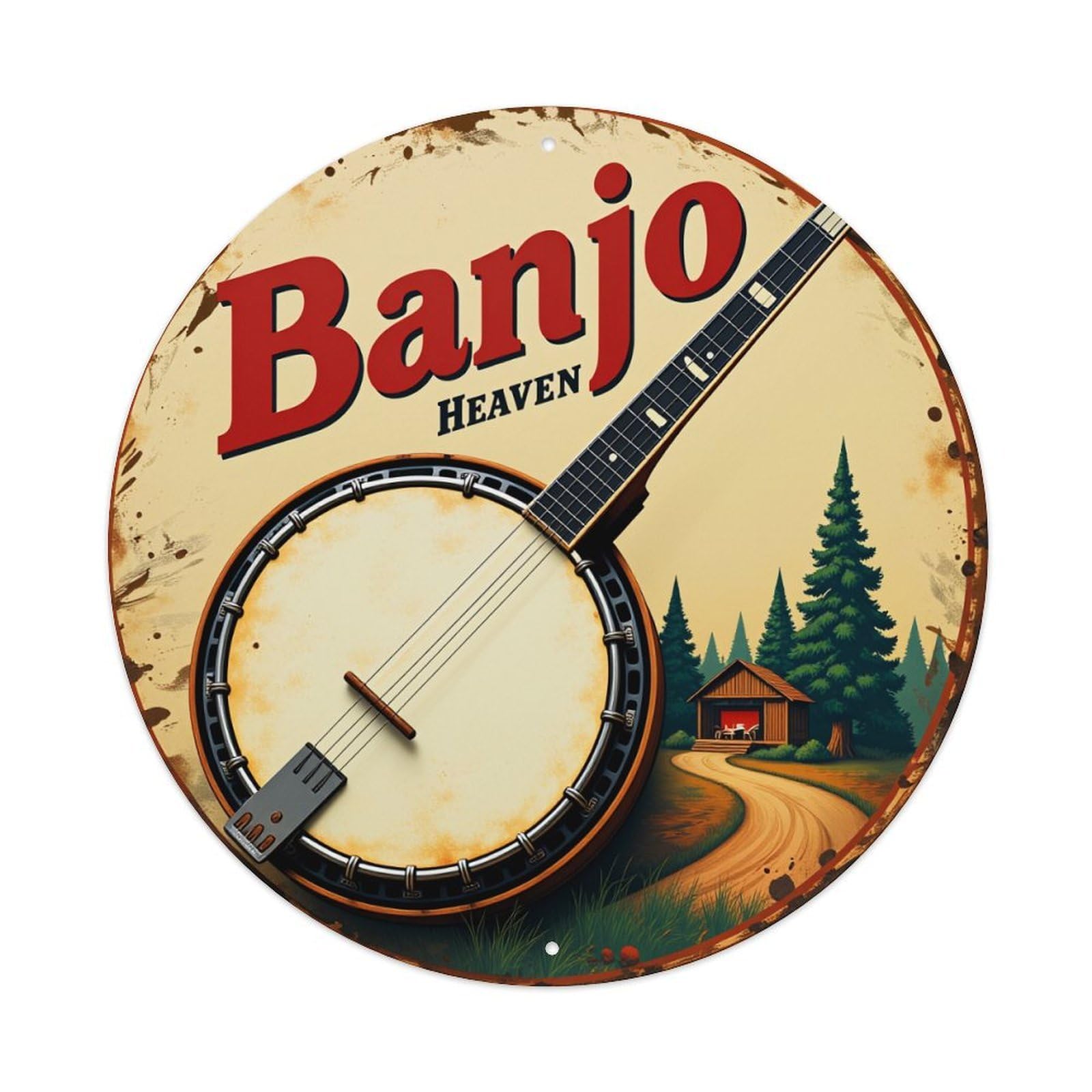 Banjo Heaven Cabin Forest Path Metal Tin Sign Plaque