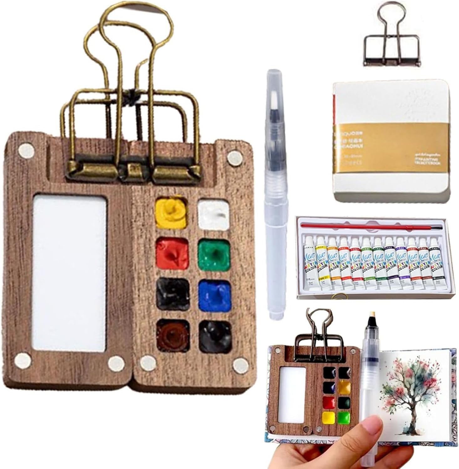 Pocket Artist Aquarel Reisset, Mini Reisverfset met 8 roosters Mini Houten Palet, 12 Kleurpigment, Aquarel Pen & Schetsboek, voor Outdoor Reizen Kunstactiviteiten Pocket Artist Aquarel Reisset, Mini Reisverfset met 8 roosters Mini Houten Palet, 12 Kleurpigment, Aquarel Pen & Schetsboek, voor Outdoor Reizen Kunstactiviteiten
