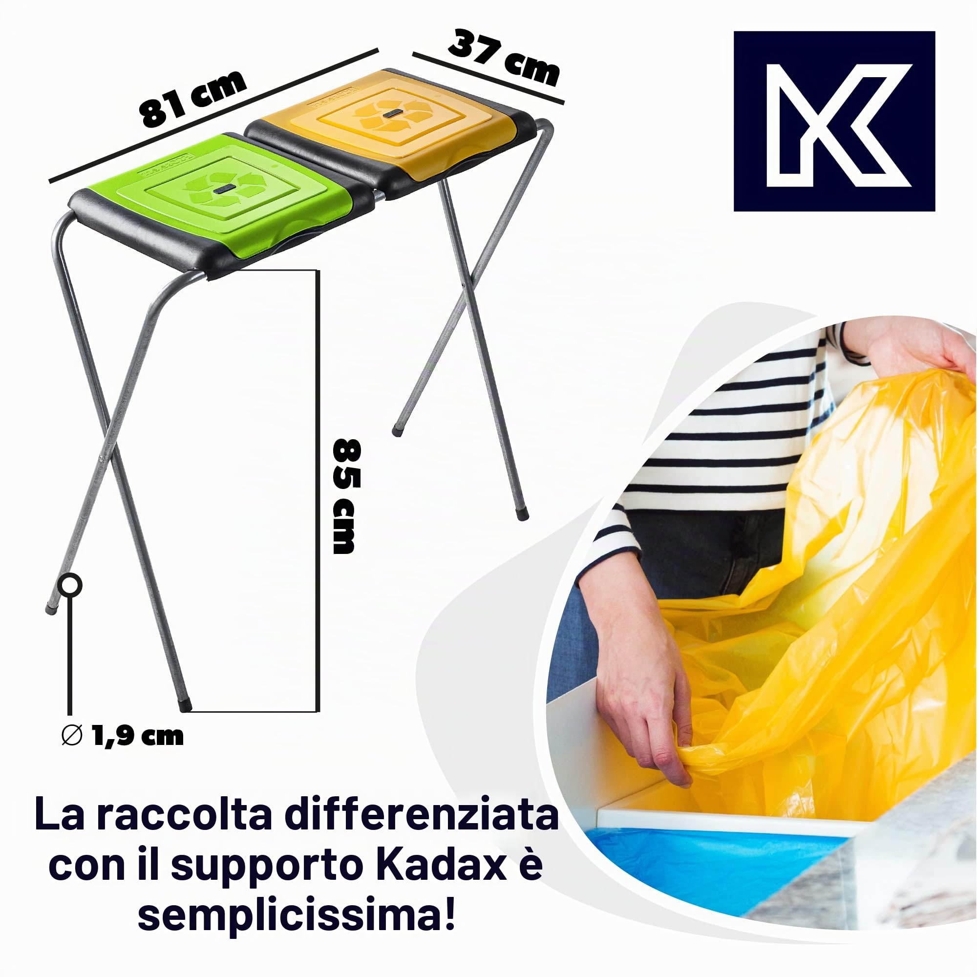 KADAX Supporto per Raccolta Differenziata Doppio v2, Stabile Supporto per Sacchi della Spazzatura con Coperchio in Plastica Giallo Verde Blu