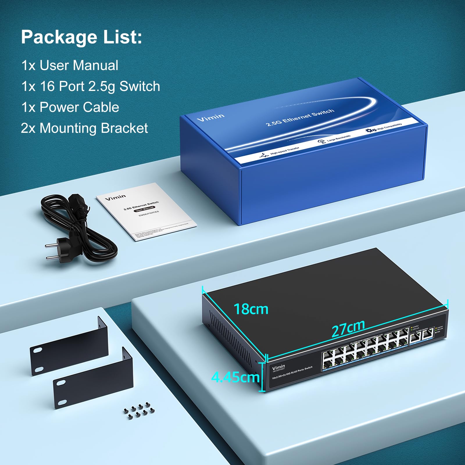 Switch Ethernet 16 Ports 2,5G + 2 Port 10GBASE-T, Vimin 16X 2,5G+2 Ports RJ45 10Gb Switch Non Géré, 2.5G Switch Capacité 120Gbit/s, Commutateur 2,5G/10G Réseau de Bureau/Mural pour NAS, PC, AP