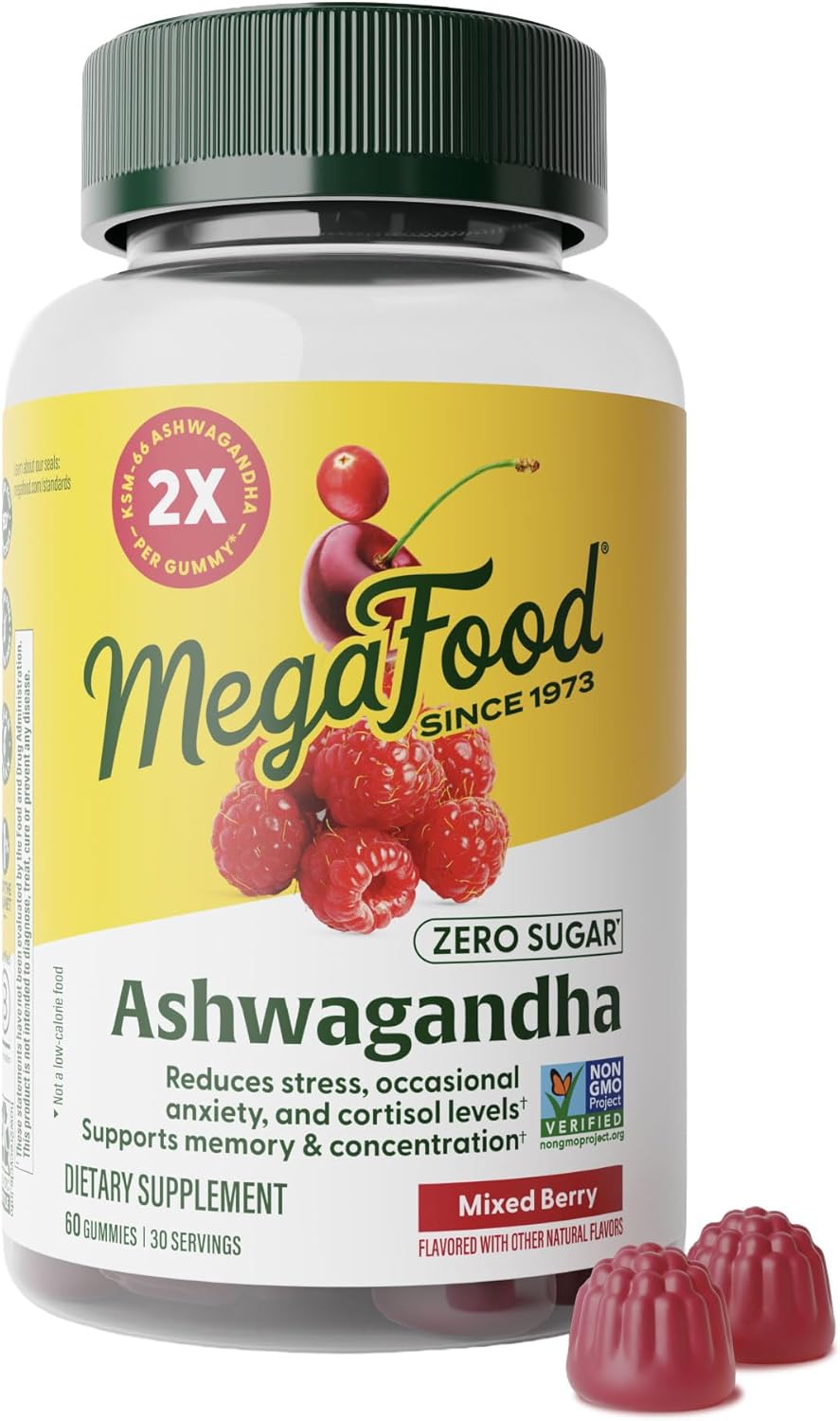 MegaFood Zero Sugar Ashwagandha Gummies - with Clinically Studied Ashwagandha KSM 66 - Cortisol Reducer & Stress Support - Mixed Berry Flavor, No Gelatin, Vegan - 60 Gummy Vitamins, 30 Servings