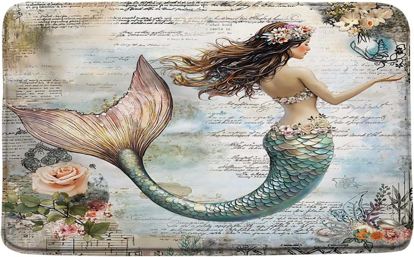 Mermaid 3 Piece Bathroom Mat Sets,Vintage Ocean Mermaid Floral Old Abstract Beige Blue Bath Toilet Rugs,16"x24"Bath Mat,Toilet Seat Cover, U-Shaped Toilet