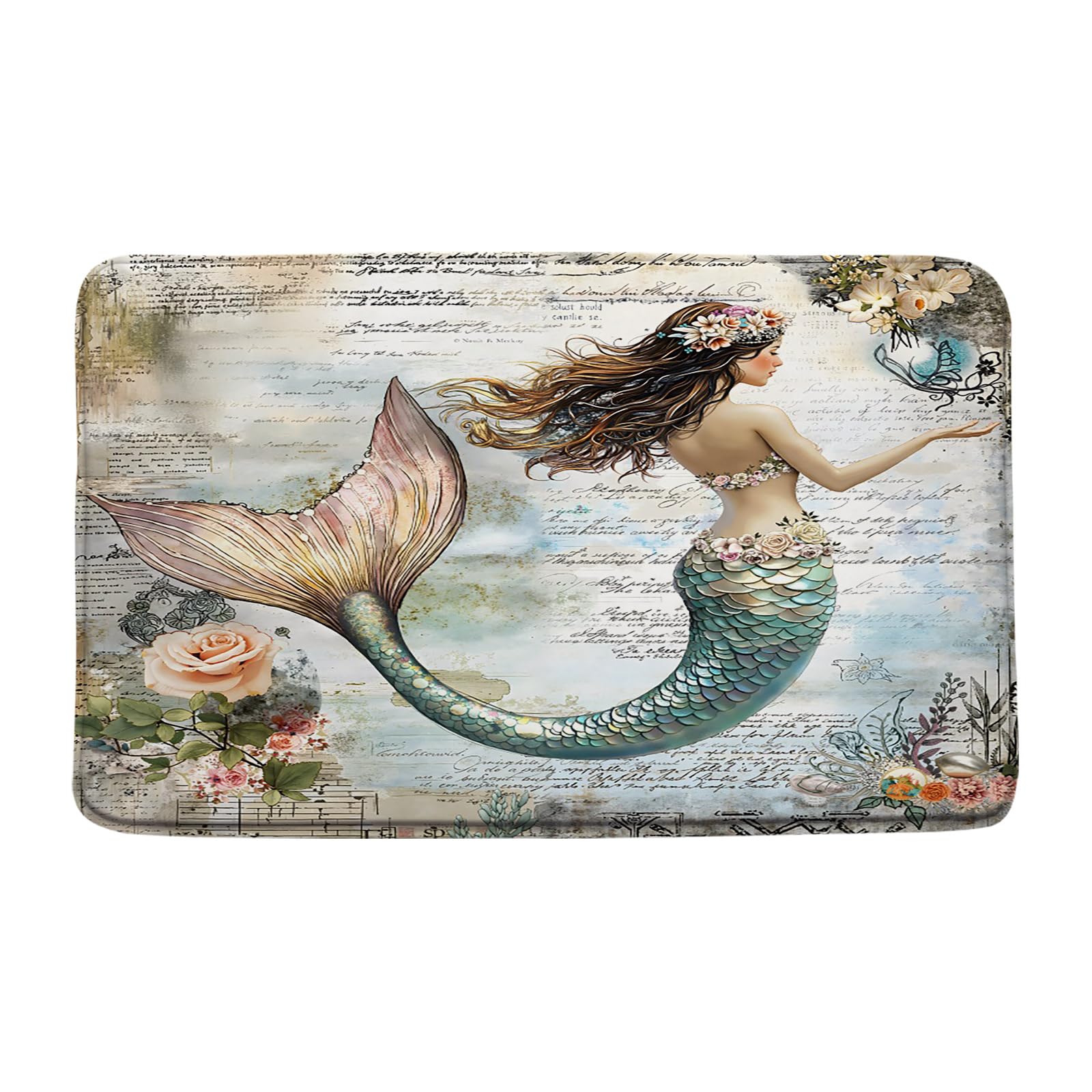 DSMEUE Mermaid Bath Mat Vintage Ocean Mermaid Floral Old Abstract Beige Blue Bathroom Kitchen Toilet Rugs,16x24 Inch
