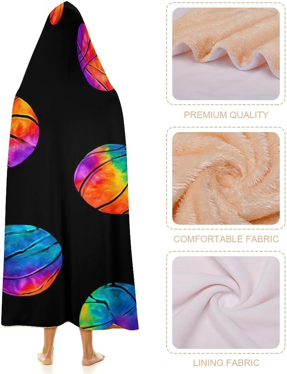 Watercolor Tie Dye Basketball Wearable Blanket Oversized Throw Cape | Cozy Hooded Blanket Gifts for Women Men