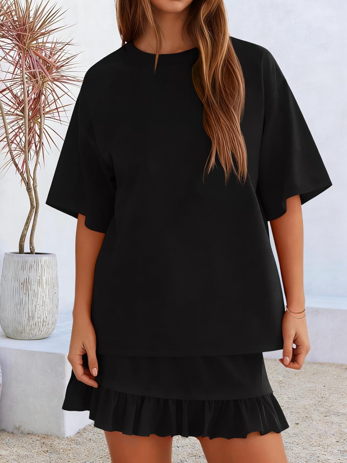Yousify 2 Piece Skirt Set for Women Summer Vacation Outfits Short Sleeve Crewneck Tops and Casual Mini Skirt Lounge Sets