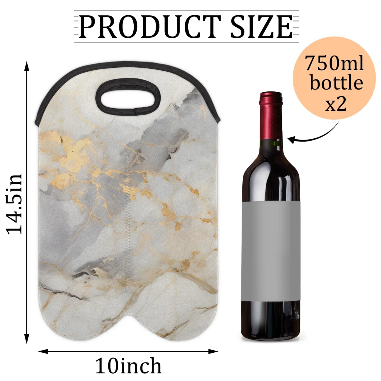 GzLeyigou 2 Bottles Glossy Marble with Grey Wine Bag Sleeve Totes Neoprene Protective Wine Carrier Bag for Wine,Water, Champagne, Beer, Baby Bottles,Gift 14.5 x 10 Inches