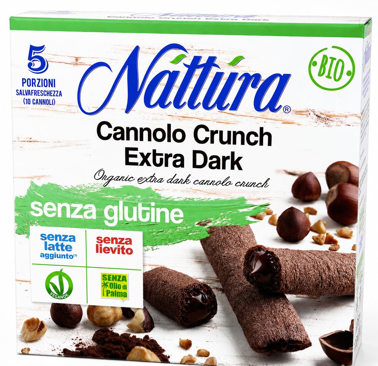 Cannoli Crunch Extra Dark Senza Glutine Bio, 9 Confezioni da 10 Cannoli, 5 Porzioni Salvafreschezza, Snack al Cioccolato, Senza Latte Aggiunto, Lievito e Olio di Palma