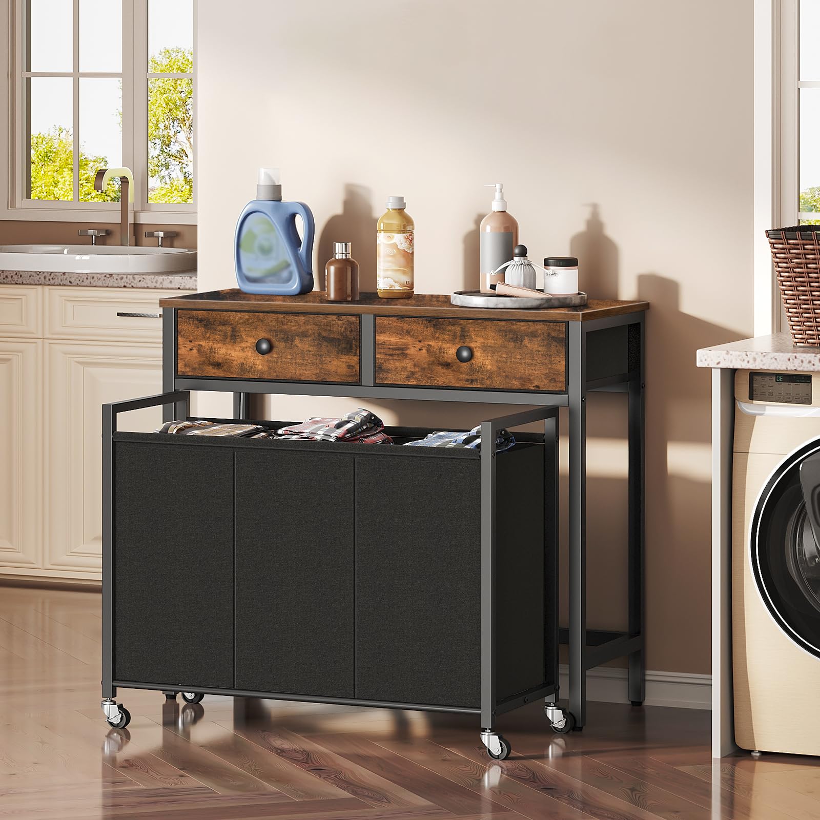 Chariot à Linge HOOBRO Avec Table Et 2 Tiroirs - 3 Compartiments 30L, Roulettes, Marron/noir, Pour Buanderie