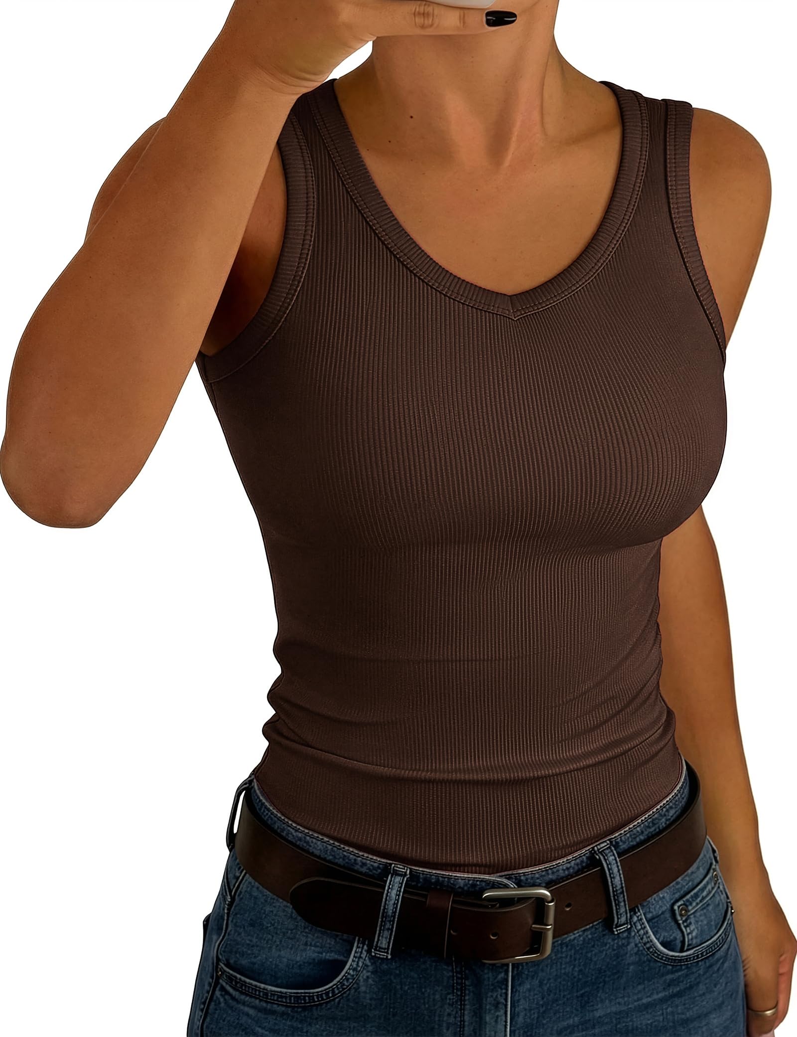 Aottori Tank Top Damen V-Ausschnitt Sommer Oberteile Ärmellos Gerippt Slim Fit Tanktops Sexy Stretch Basic Unterhemd Casual Einfarbig