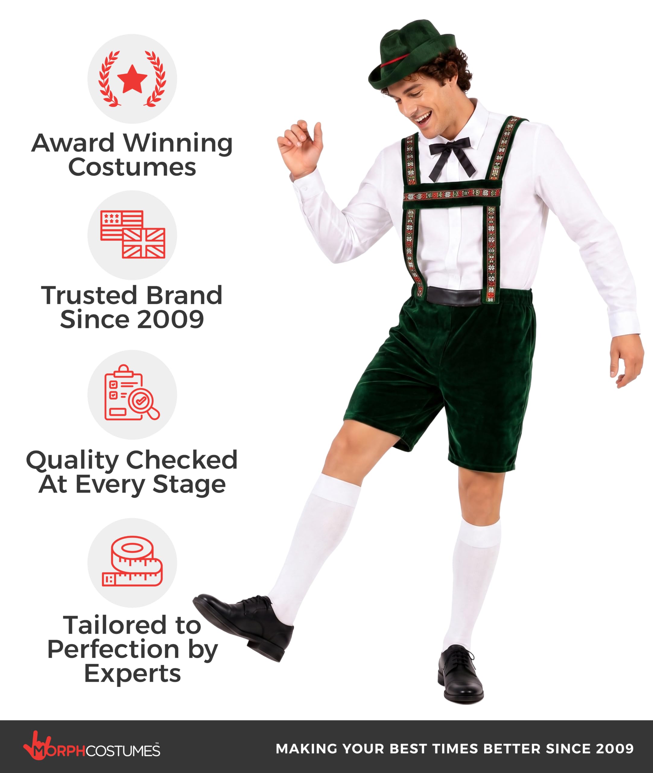Morph Strój Oktoberfest dla Mężczyzn - Bawarskie Lederhosen z Koszulą i Kapeluszem na Andrzejki