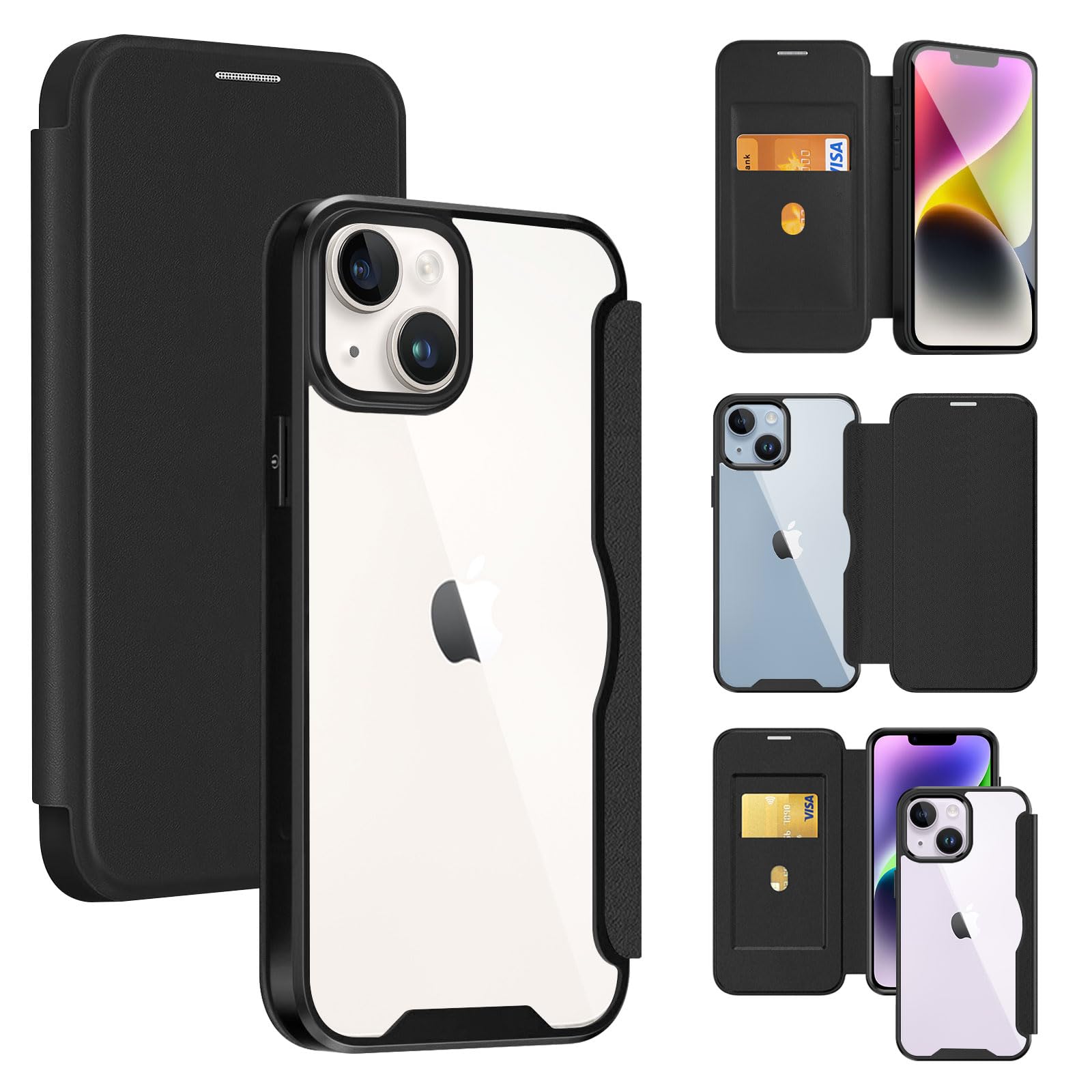 Guokaien iPhone14 iPhone13 用の ケース 手帳型 クリア 背面 透明 いPhone13/いPhone14 スマホケース カバー 高級なPUレザー+PCパネル+TPUバンパー 永久磁石 マグネット カード収納 人気財布型 手帳カバー(ブラック)