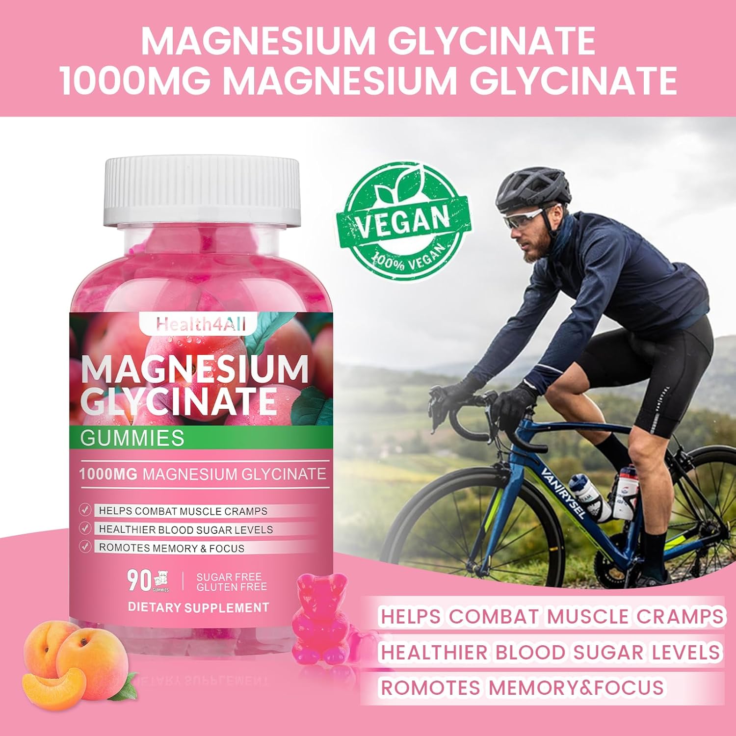 Magnesium Glycinate Gummies 1000mg, High Absorption Sugar Free Magnesium Potassium Supplement for Relaxation, Stress Relief, and Sleep Support for Adults & Kids - 180 Peach Gummies