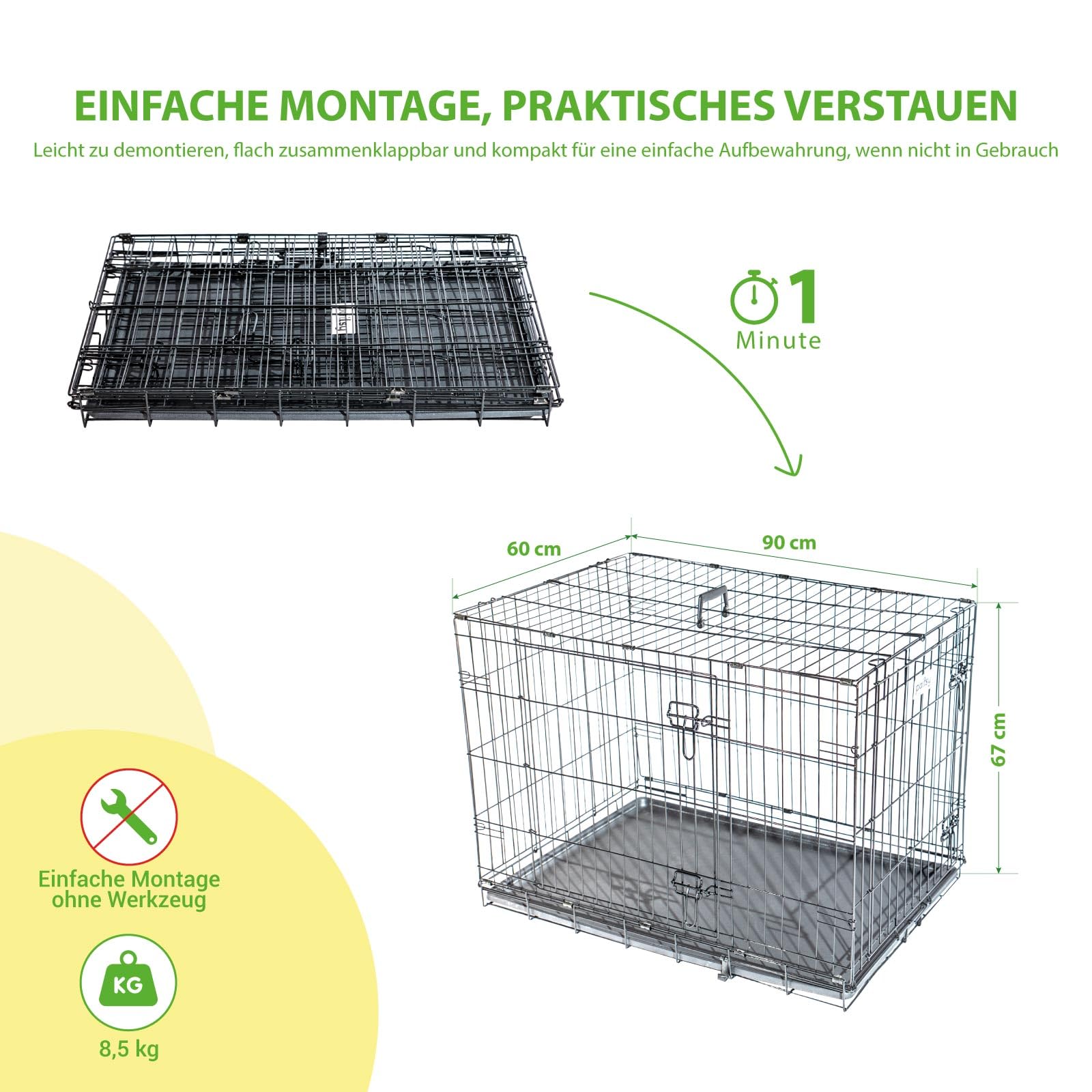 Hundetransportbox klappbar FortressooL, Hundebox für mittelgroße Hunde 90x60x67 cm, 2 Türen, herausnehmbares Tablett, für Innenbereich