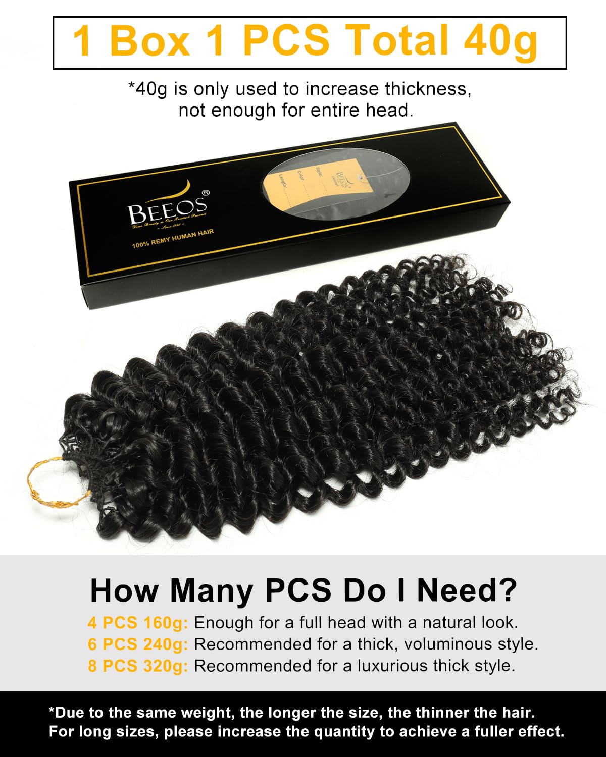BEEOS Human Crochet Hair Kinky Curly 40g, Pre-Separated Knotless Crochet Human Hair for Women, Invisible String Natural Black 20 Inch