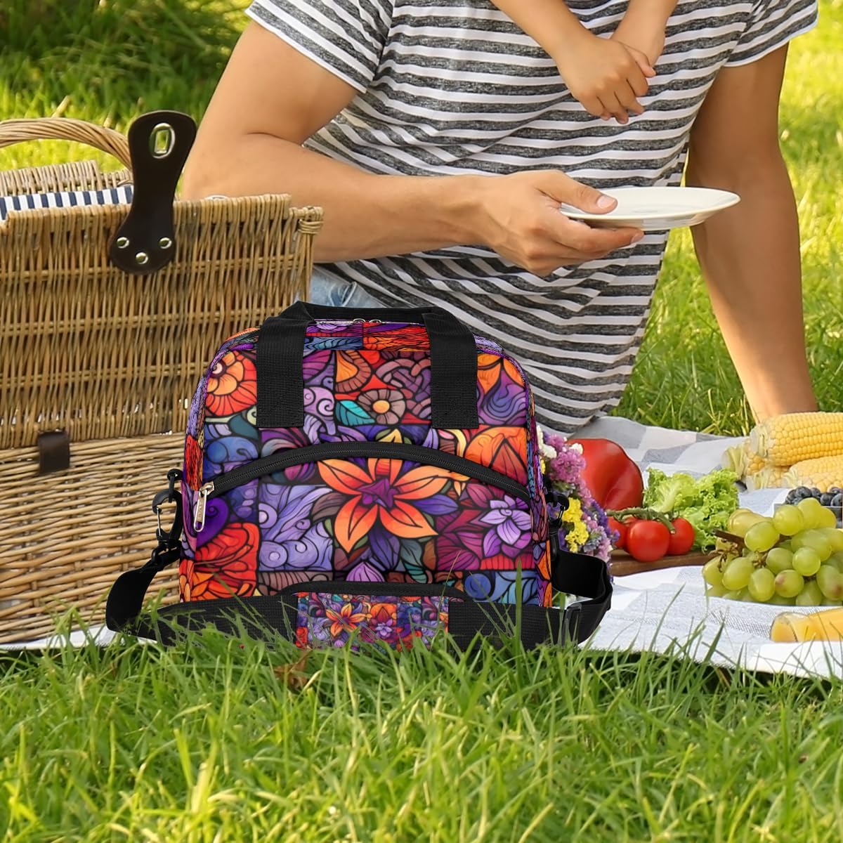 Florals Ethnic Pattern Insulated Lunch Bag with Detachable Shoulder Strap & Carry Handle Reusable Eco-friendly Cooler Bag Tote Bag Picnic Box for Kids Men Women