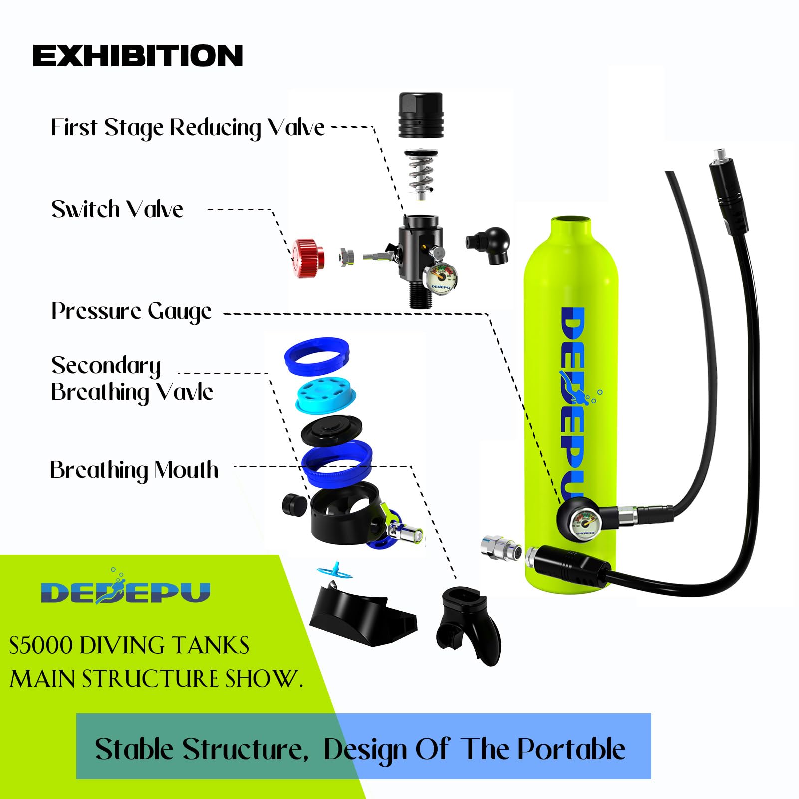 DEDEPU Mini Scuba Tank with Diving Mask, 10-15 Minutes Underwater Breathing, DOT Certification EN250-2014, Aluminum Bottle, 1L Reusable Scuba Tank Bottle, 3000PSI Max Pressure Scuba Diving Tank