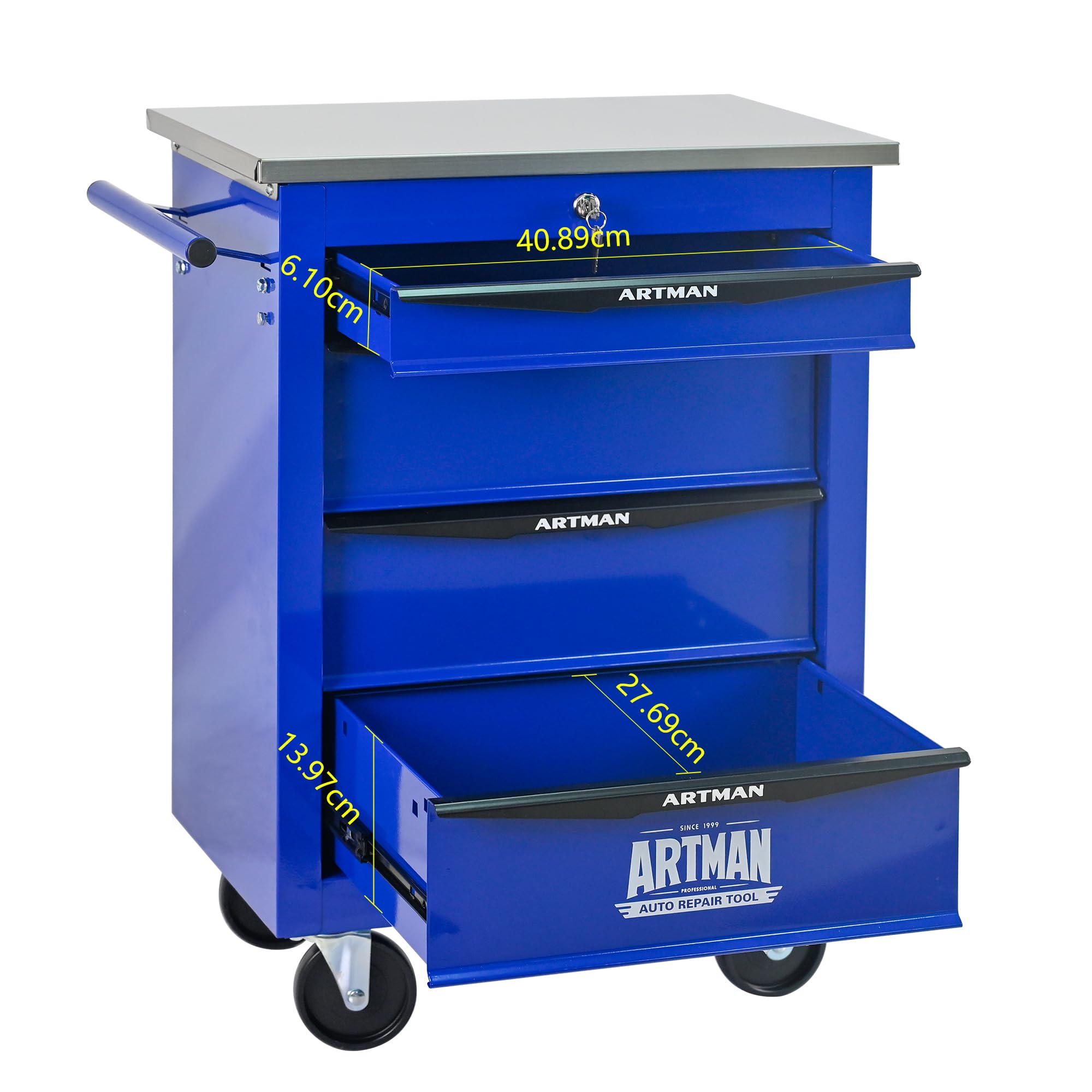 Generisch Carrello portautensili a 4 cassetti, con ruote e cassetti, 15 kg per cassetto, struttura in acciaio, verniciato a polvere, piano di lavoro e ganci, per garage/officina