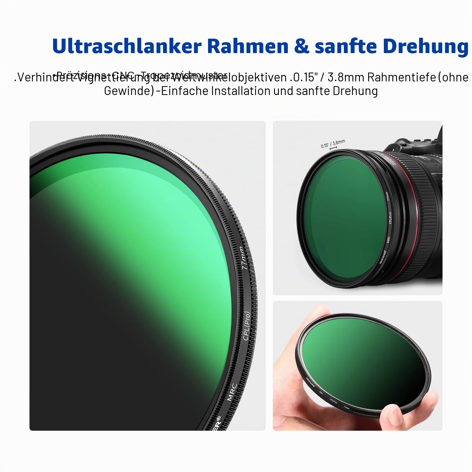 NEEWER 77mm Polarisationsfilter(Polfilter),CPL Filter mit 30 lagiger Mehrschicht Polarisationsfolie,Blendung reduzieren/Kontrast verbessern/Ultra dünn/Reflexion reduziert/HD optisch Glas