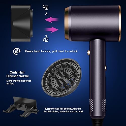 Miniatura 5 de Yadesba Secador de pelo iónico con difusor y soporte, secado rápido de 1800 W, secador de bajo ruido con temperatura constante para proteger el