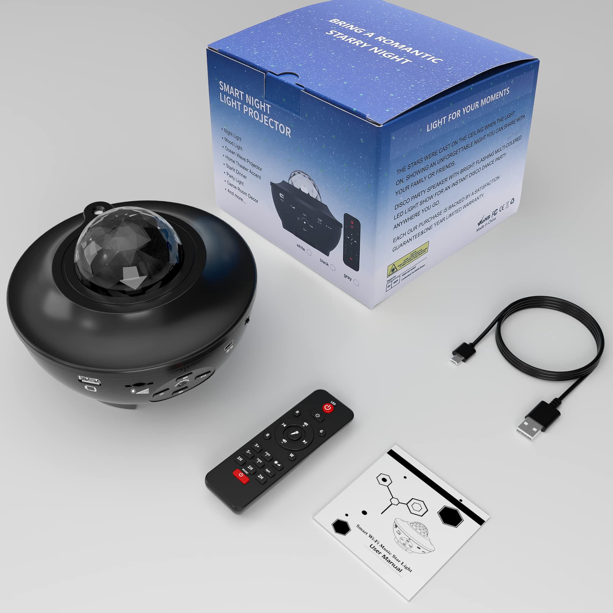 Proyector de galaxia de estrellas para dormitorio, proyector de luz nocturna estrellada para niños, proyector de estrellas de gran cobertura para techo, Bluetooth, altavoz de música, temporizador,